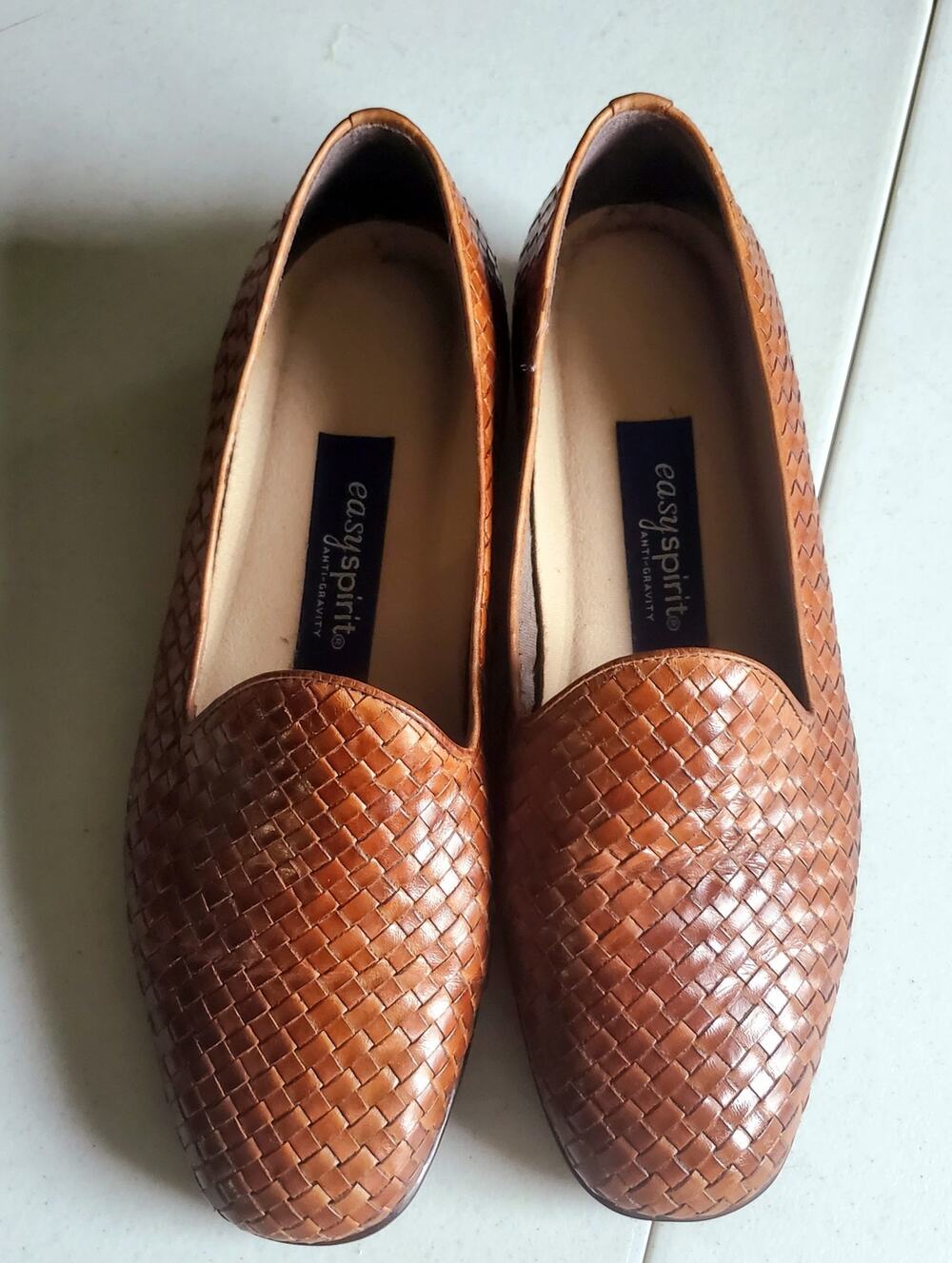 Easy Sprirt Womens Brown Leather Weaved Casual Flat Slip On Shies Size 8.5